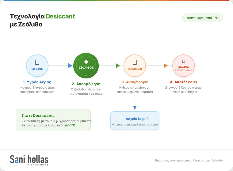 Διάγραμμα λειτουργίας αφυγραντήρα desiccant με ζεόλιθο - τεχνολογία προσρόφησης Meaco DD8L